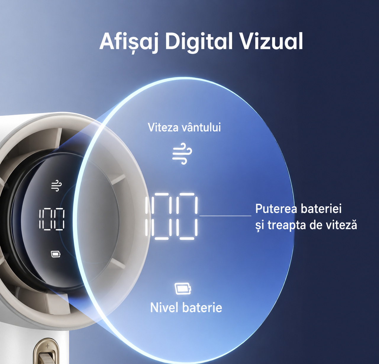 Ventilator portabil USB reîncărcabil cu display LED și 100 de trepte de viteză