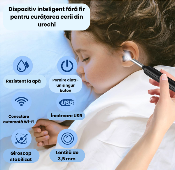 Dispozitiv pentru curățarea urechilor cu cameră HD și lumină LED, compatibil cu orice dispozitiv