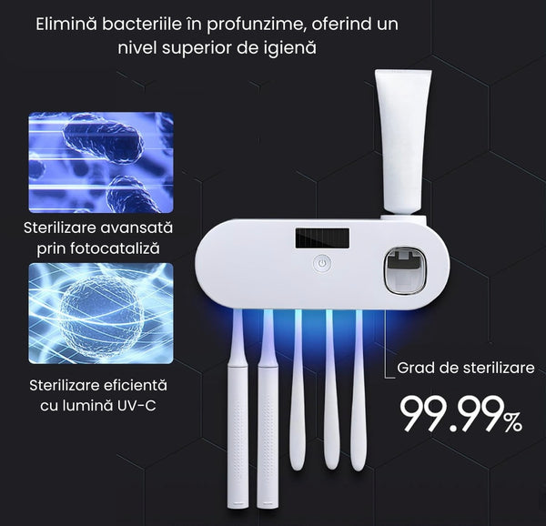 Suport igienic pentru periuțe de dinți cu sterilizare UV și dozator de pastă