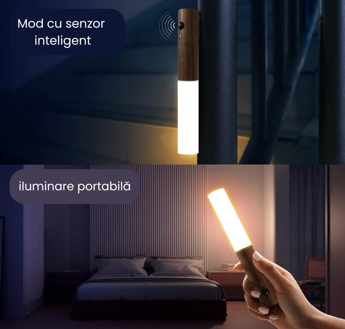 Lampă LED din lemn cu senzor de mișcare și suport magnetic, reîncărcabilă